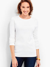 WHITE PIMA COTTON LONG-SLEEVE CREWNECK TEE | Talbots US