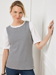 WHITE/BLACK WOVEN SLEEVE CREWNECK TEE - SCALLOP STRIPE | Talbots online