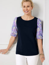 INDIGO BLUE WOVEN SLEEVE CREWNECK TEE - DITSY | Talbots sale