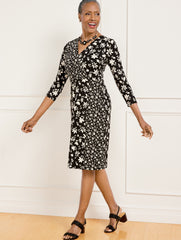 BLACK/IVORY BICOLOR DITSY WRAP JERSEY DRESS | Talbots sale