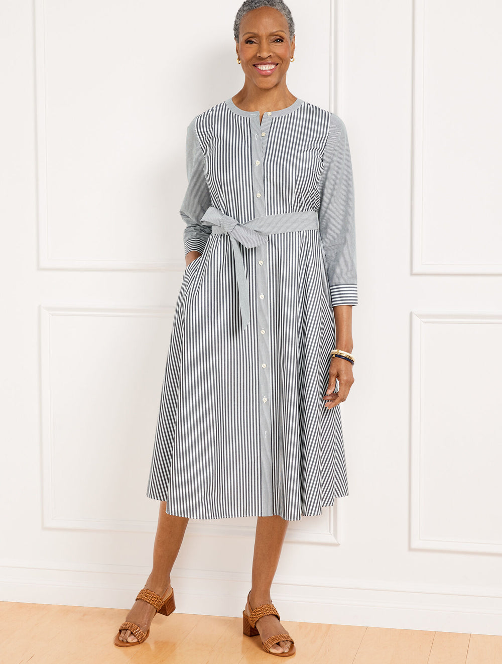 BLACK/WHITE BELTED SHIRTDRESS - DAISY STRIPE | Talbots for sale