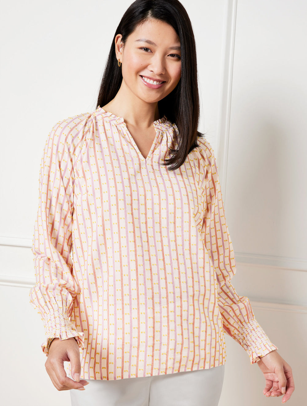 AURORA PINK MULTI JACQUARD STRIPE SMOCKED CUFF BLOUSE | Talbots on sale