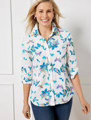 WHITE/MULTI COTTON BUTTON FRONT SHIRT - EXQUISITE BUTTERFLY | Talbots US