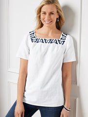 WHITE BUTTERFLY EMBROIDERED LINEN COTTON SQUARE NECK TOP | Talbots on sale