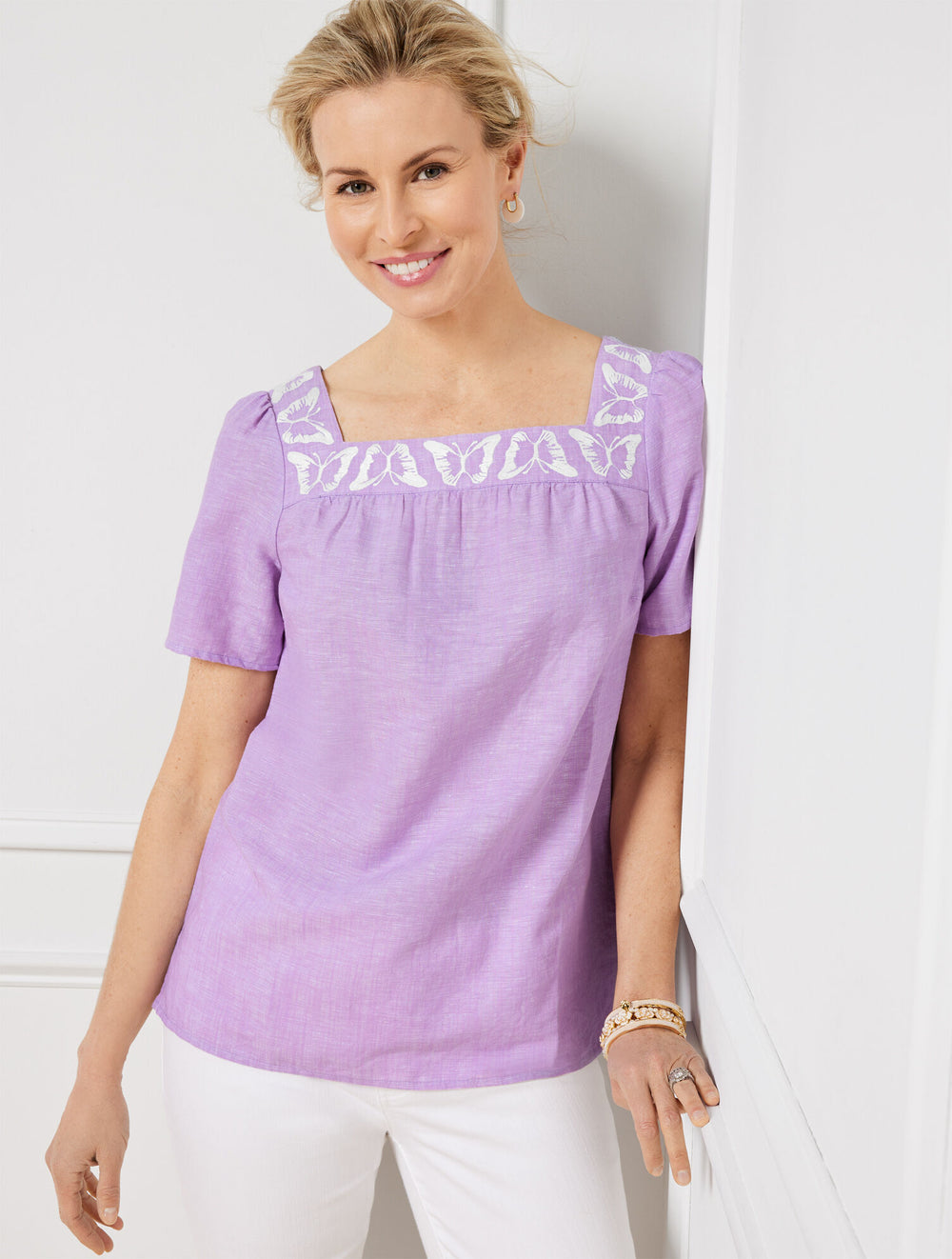 PURPLE BUTTERFLY EMBROIDERED LINEN COTTON SQUARE NECK TOP - CROSS DYE | Talbots for sale