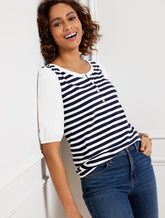 INDIGO/WHITE WOVEN SLEEVE HENLEY TEE - BALI STRIPE | Talbots discount
