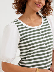 INDIGO/WHITE WOVEN SLEEVE HENLEY TEE - BALI STRIPE | Talbots discount