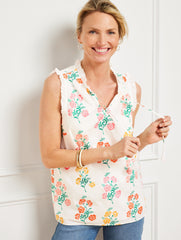 WHITE/MULTI STAMPED DITSY RUFFLE TRIM SHELL | Talbots outlet