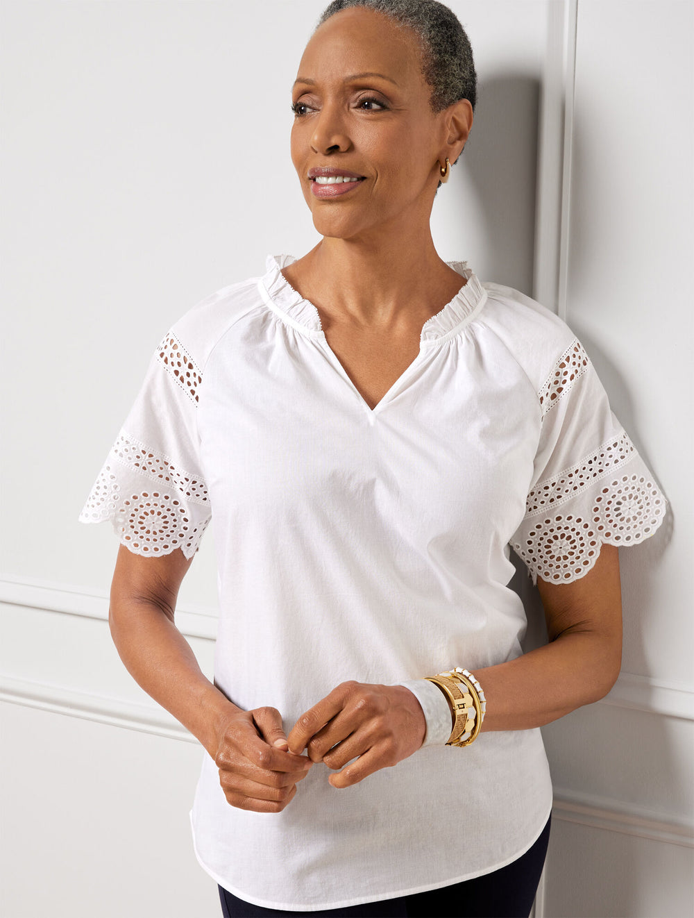 WHITE EMBROIDERED SLEEVE TOP | Talbots outlet
