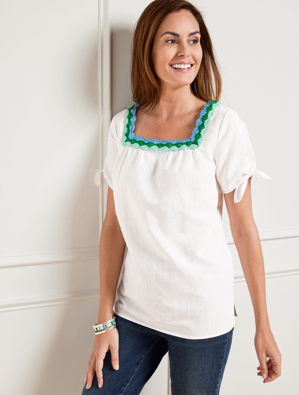 WHITE CROCHET TRIM LINEN TOP | Talbots sale