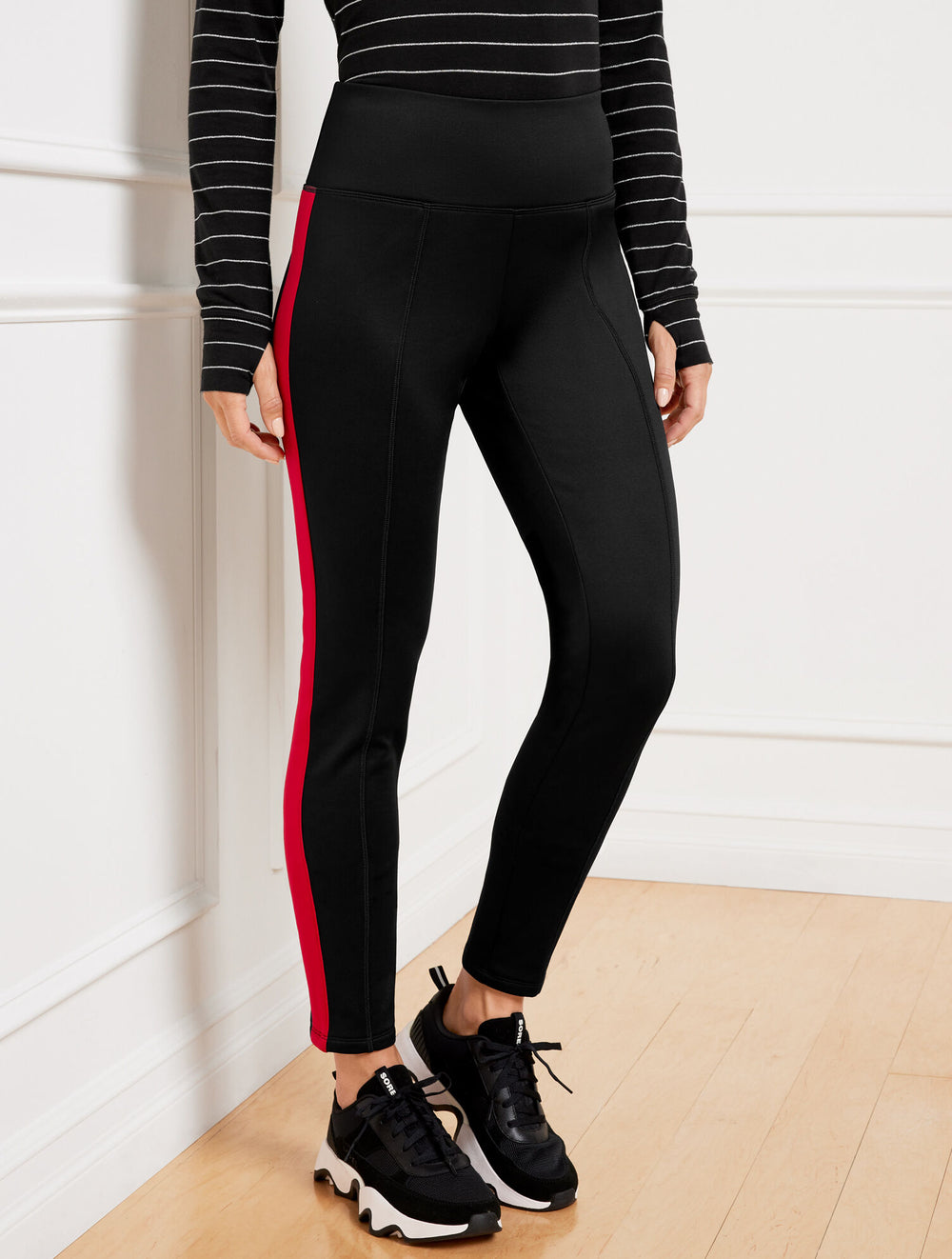 BLACK/RED POP FLEECE BACK LEGGINGS - SIDE STRIPE | Talbots for sale