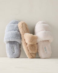 BLACK|MINK|SAND COVE|STONE GREY|TAN FAUX FUR BANDED SLIPPERS | Talbots outlet