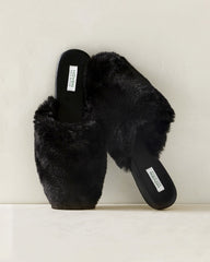 BLACK|CREAM FAUX FUR MULE SLIDES | Talbots near me