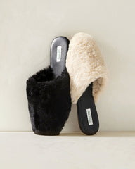 BLACK|CREAM FAUX FUR MULE SLIDES | Talbots near me