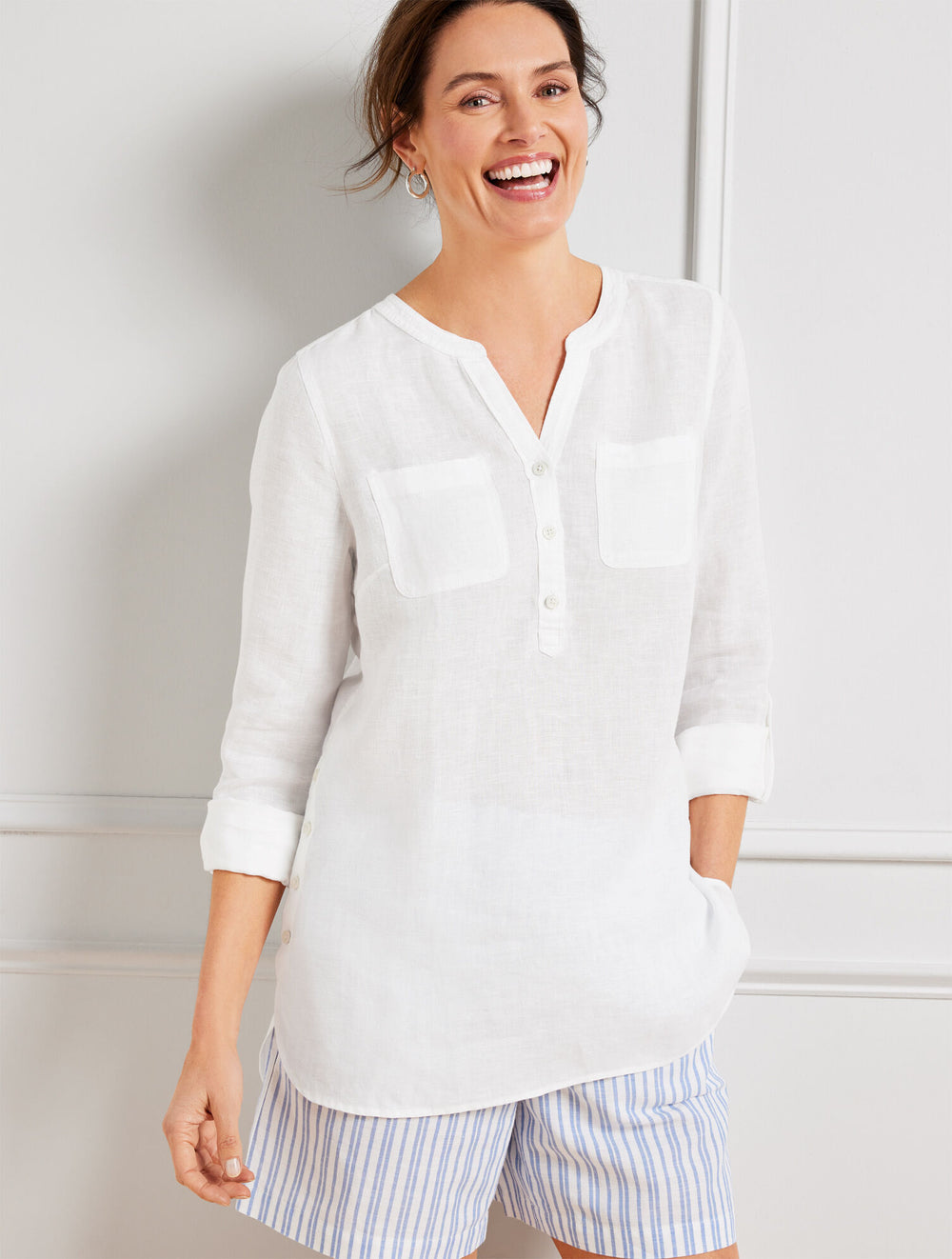 WHITE SIDE BUTTON LINEN BAND COLLAR POPOVER | Talbots online