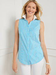 BISCAYNE BLUE MULTI SLEEVELESS NON-IRON PERFECT SHIRT - CASTLINE STRIPE | Talbots US