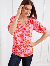 FRENCH ROSE/TANGERINE ELBOW SLEEVE TOP - SILHOUETTE GARDEN | Talbots outlet