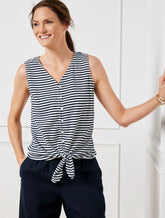 WHITE/INDIGO TIE HEM BUTTON FRONT TANK - COASTAL STRIPE | Talbots sale