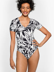 BLACK MULTI SUN OCEAN SAND SHORT SLEEVE ONE PIECE - SILHOUETTE FERNS | Talbots near me