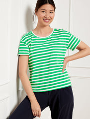 GARDEN GREEN/WHITE SUPERSOFT JERSEY PATCH POCKET TEE - PUCKER STRIPE | Talbots discount