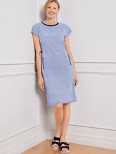 WHITE/INDIA INK LIGHTWEIGHT WOVEN STRETCH BUNGEE CORD DRESS - SCALLOP | Talbots discount