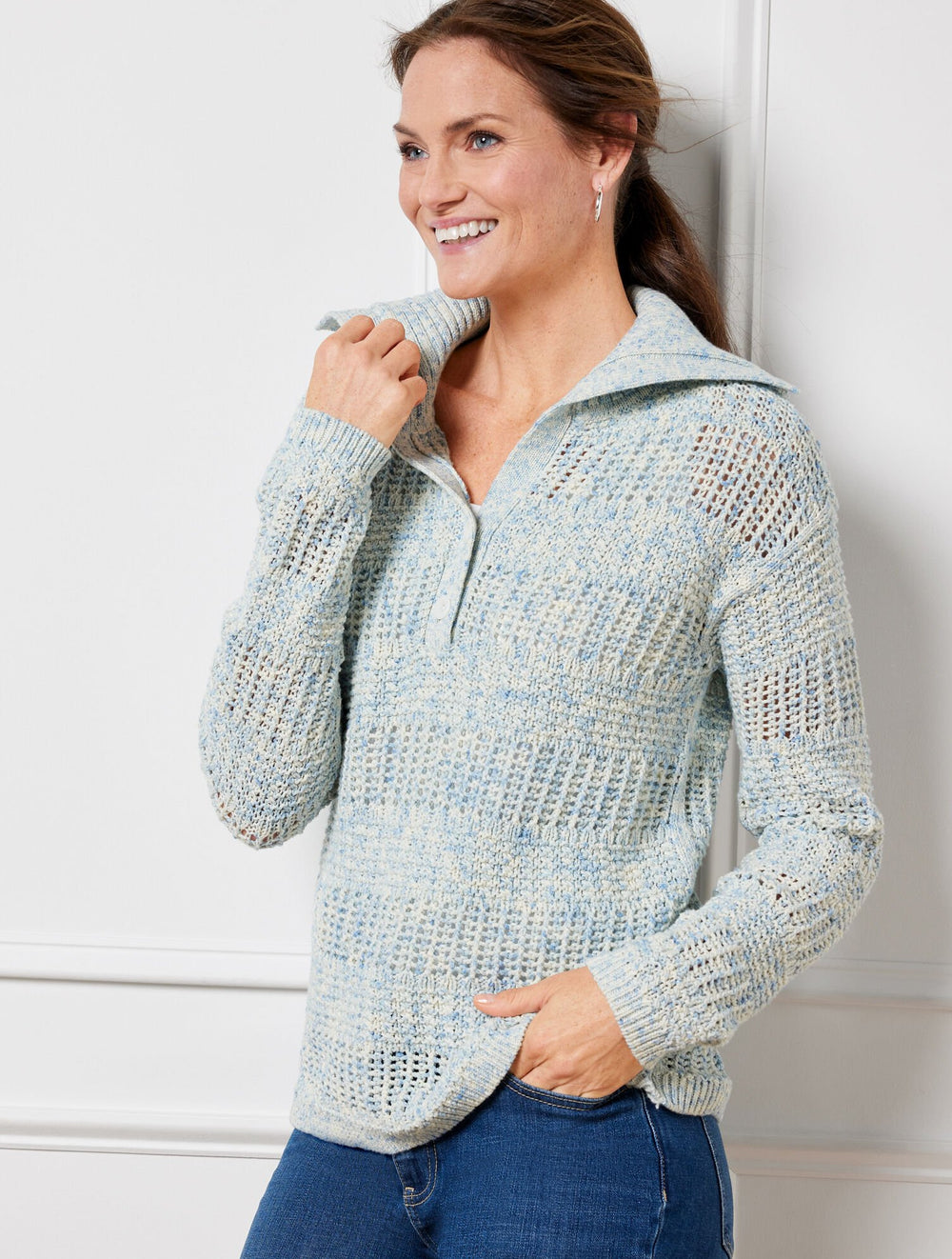 TWO TONE OPEN STITCH SAILOR COLLAR SWEATER - SPRAY TAPE | Talbots for sale