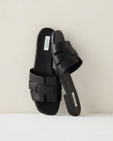 BLACK|TUSCAN OLIVE|VACHETTA LEATHER THREADED CUT-OUT SLIDES | Talbots discount