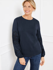 PURPLE THISTLE|INDIGO BLUE EMBROIDERED CREWNECK SWEATSHIRT | Talbots for sale