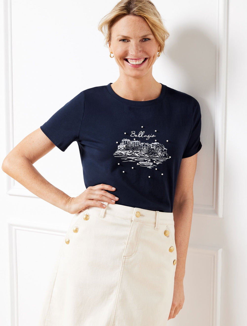 INDIGO BLUE PEARL EMBELLISHED CREWNECK TEE | Talbots on sale