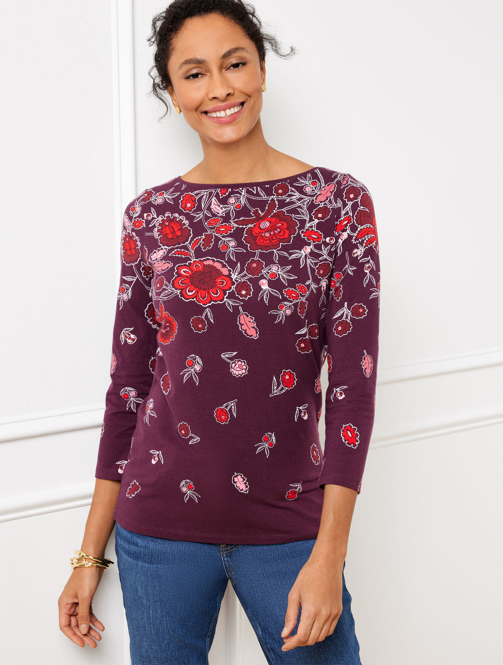RICH BURGUNDY MULTI BATEAU NECK TEE - MAJESTIC BLOOMS | Talbots sale