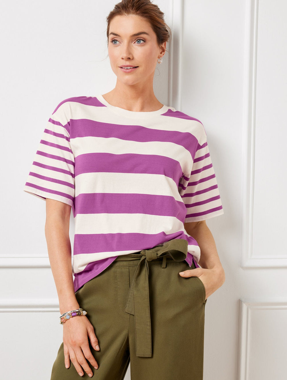 IVORY/PURPLE THISTLE BOXY CREWNECK TEE - MIXED STRIPE | Talbots discount