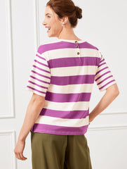 IVORY/PURPLE THISTLE BOXY CREWNECK TEE - MIXED STRIPE | Talbots discount