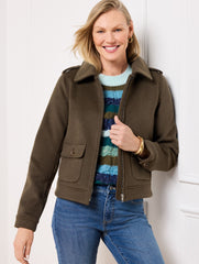 DEEP OLIVE BRUSHED WOOL BLEND BOMBER JACKET | Talbots discount