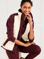 INDIGO BLUE/EVERGLADE|IVORY/BURGUNDY BERRY REVERSIBLE SHERPA PUFFER VEST | Talbots outlet