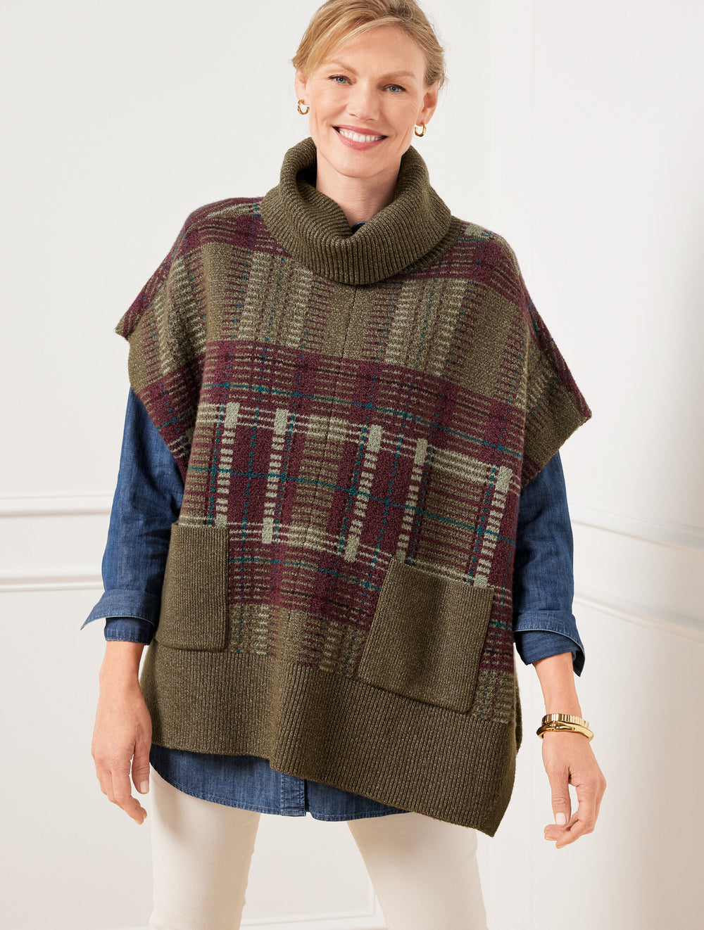 DEEP MOSS MULTI PLUS EXCLUSIVE PLAID TURTLENECK PONCHO | Talbots outlet