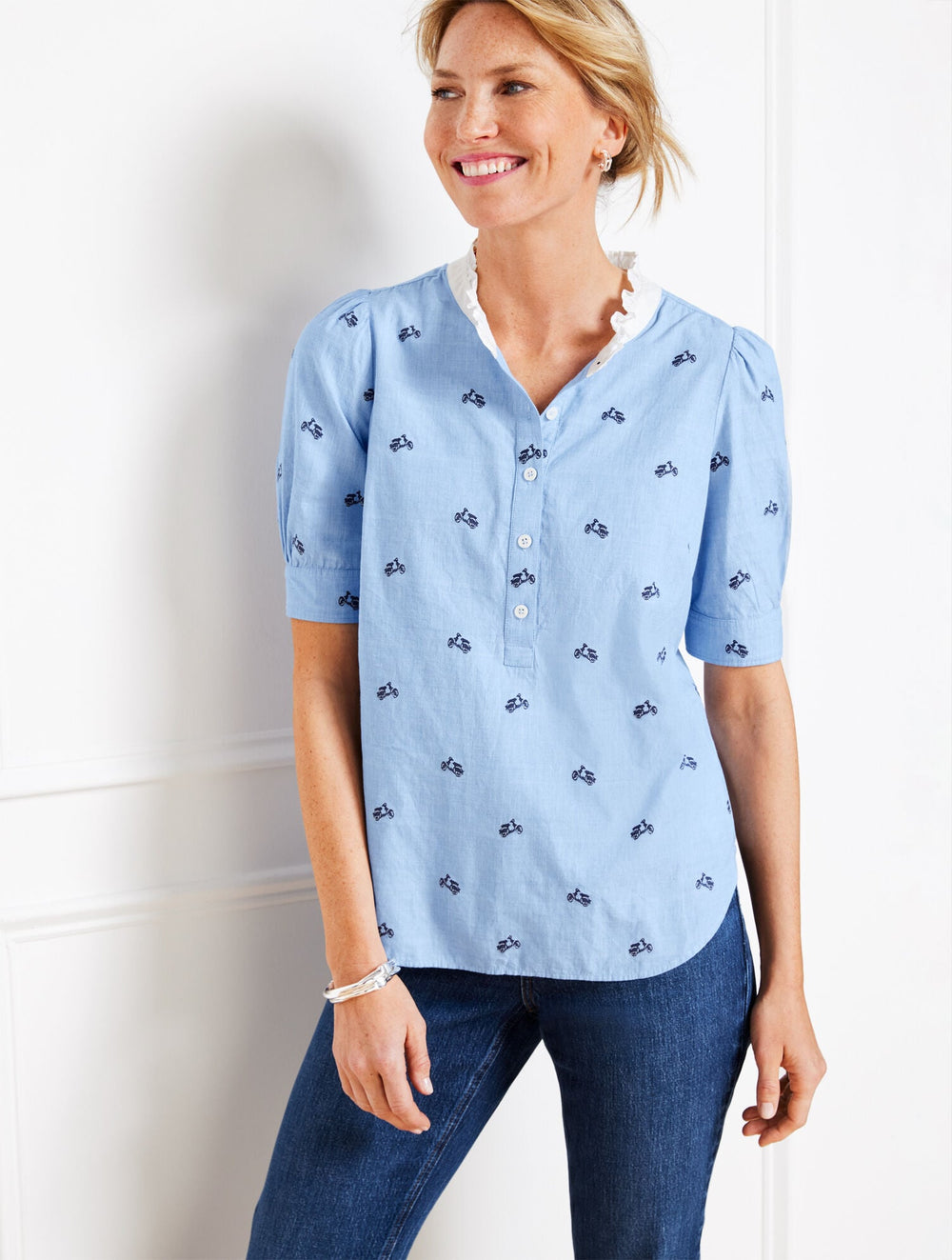BLUE MULTI RUFFLE NECK TOP - EMBROIDERED VESPA | Talbots online