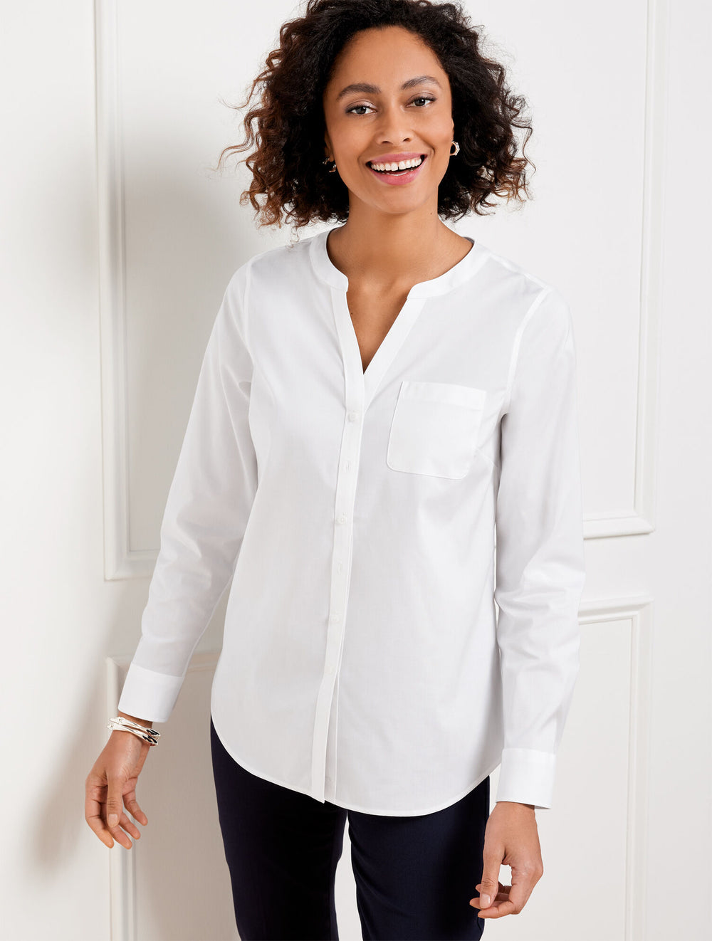 WHITE NON-IRON BAND COLLAR BUTTON FRONT SHIRT | Talbots US