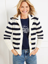 IVORY/INDIGO CABLE KNIT SWEATER JACKET - STRIPE | Talbots online