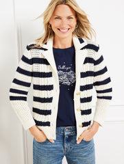 IVORY/INDIGO CABLE KNIT SWEATER JACKET - STRIPE | Talbots online