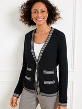 BLACK MULTI TEXTURE V-NECK CARDIGAN - TIPPED STRIPE | Talbots outlet