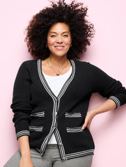 BLACK MULTI TEXTURE V-NECK CARDIGAN - TIPPED STRIPE | Talbots outlet