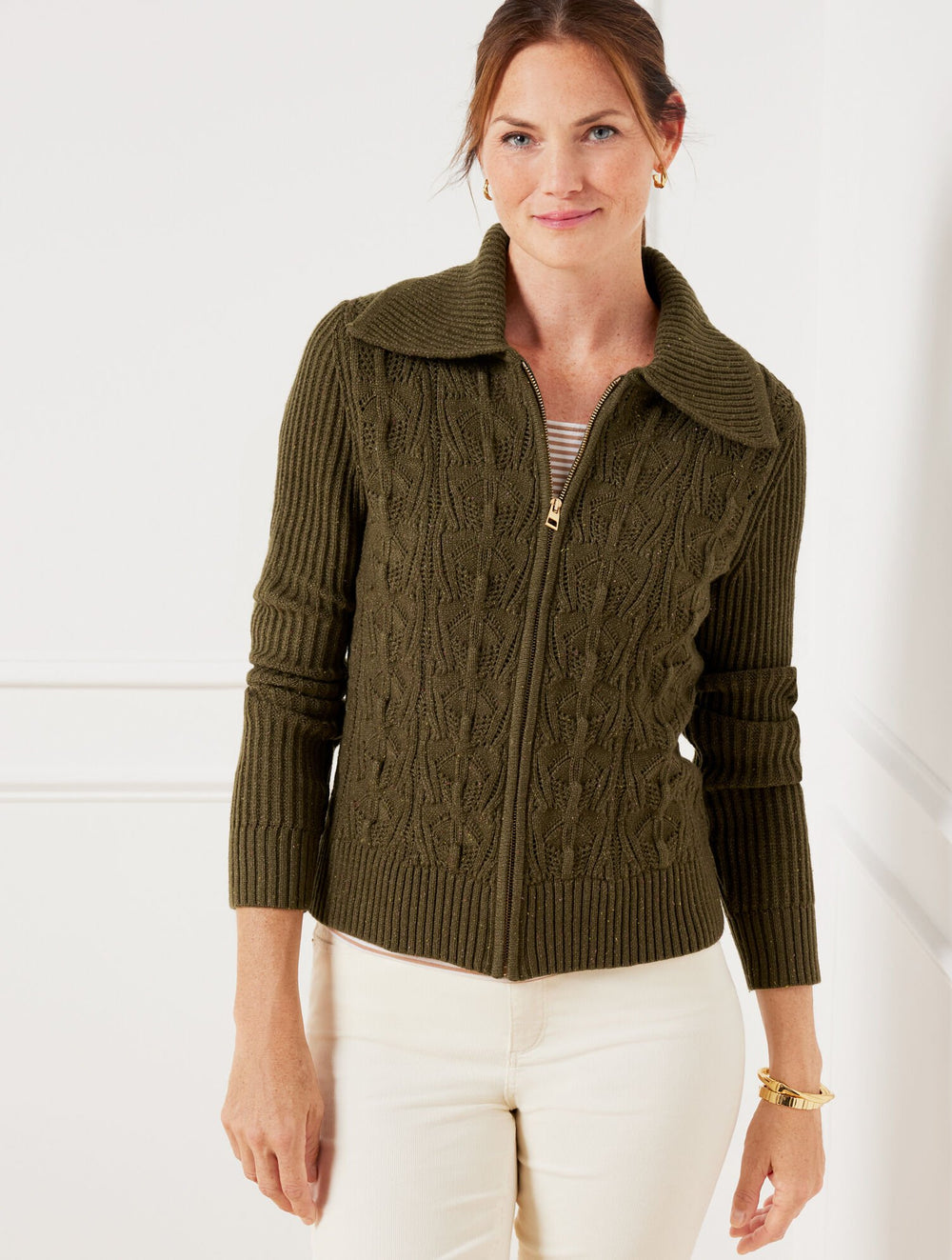 BLUE HAZE TWEED|DEEP MOSS POINTELLE KNIT SWEATER JACKET - TWEED | Talbots on sale