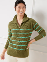 BURNT OLVE/SOFT JADE|TOASTED COCONUT/IVORY CABLE KNIT HALF-ZIP SWEATER - STRIPE | Talbots on sale