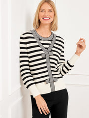 IVORY/BLACK BOW FRONT TEXTURE STITCH CARDIGAN - FRENCH STRIPE | Talbots for sale