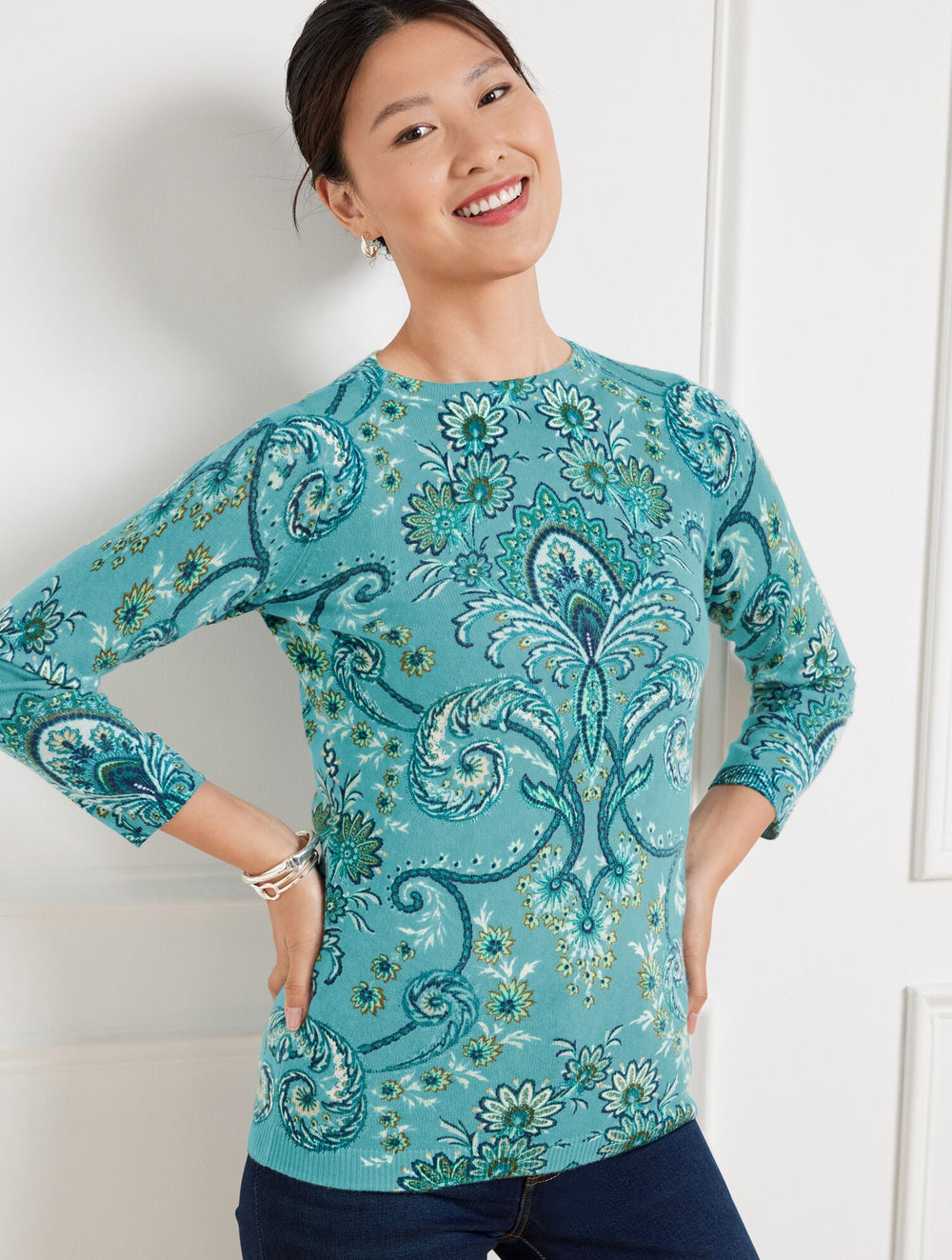 BLUE HAZE/SOFT JADE MULTI AUDREY CASHMERE SWEATER - IMPERIAL FLORAL | Talbots online