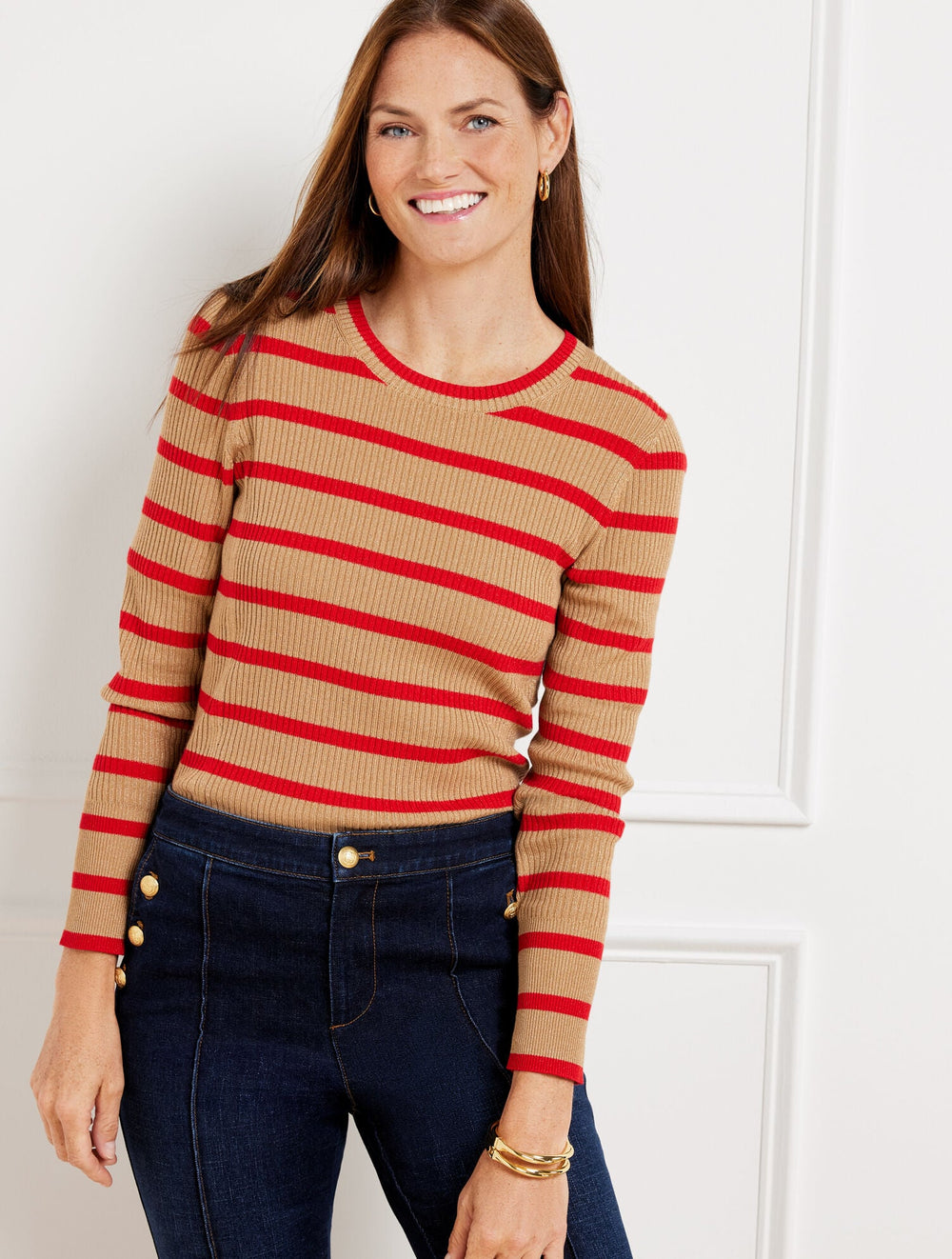 TOASTED COCONUT/RUBY RED METALLIC CREWNECK SWEATER - STRIPE | Talbots sale