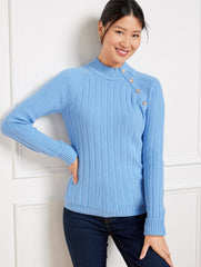 BLACK|BLUE HYDRANGEA|IVORY RIBBED BUTTON MOCKNECK SWEATER | Talbots outlet