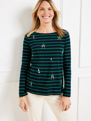 INDIGO/HIGHLAND GRN EMBROIDERED BATEAU NECK TEE - COCKTAIL | Talbots on sale
