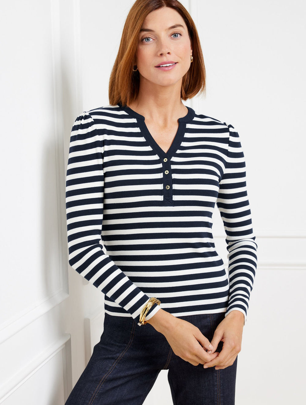 INDIGO/IVORY ROYAL STRIPE RIBBED HENLEY TEE | Talbots on sale