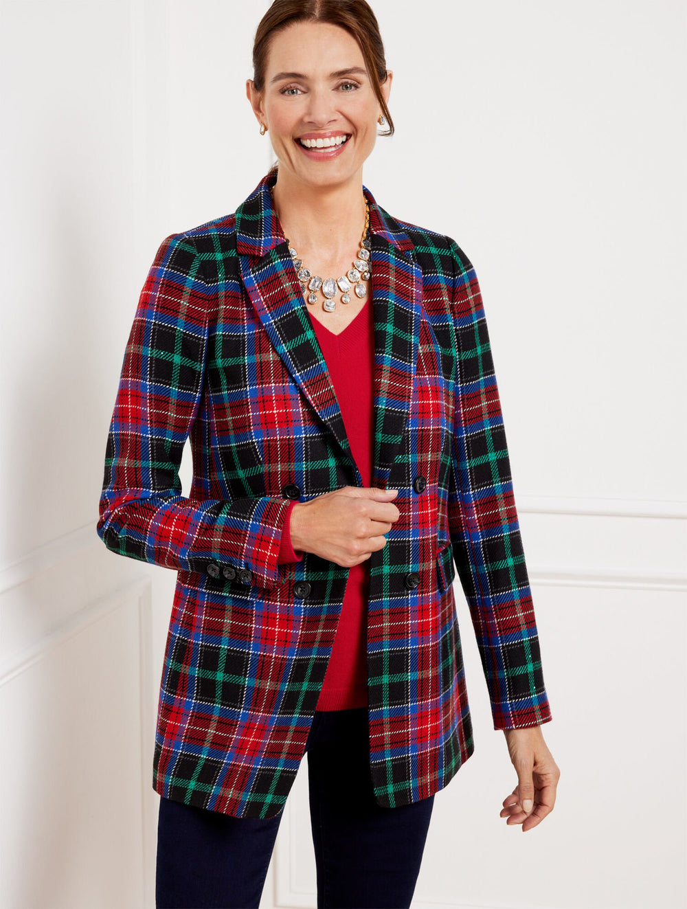 NERO MULTI OPEN FRONT BLAZER - LOG FIRE PLAID | Talbots sale
